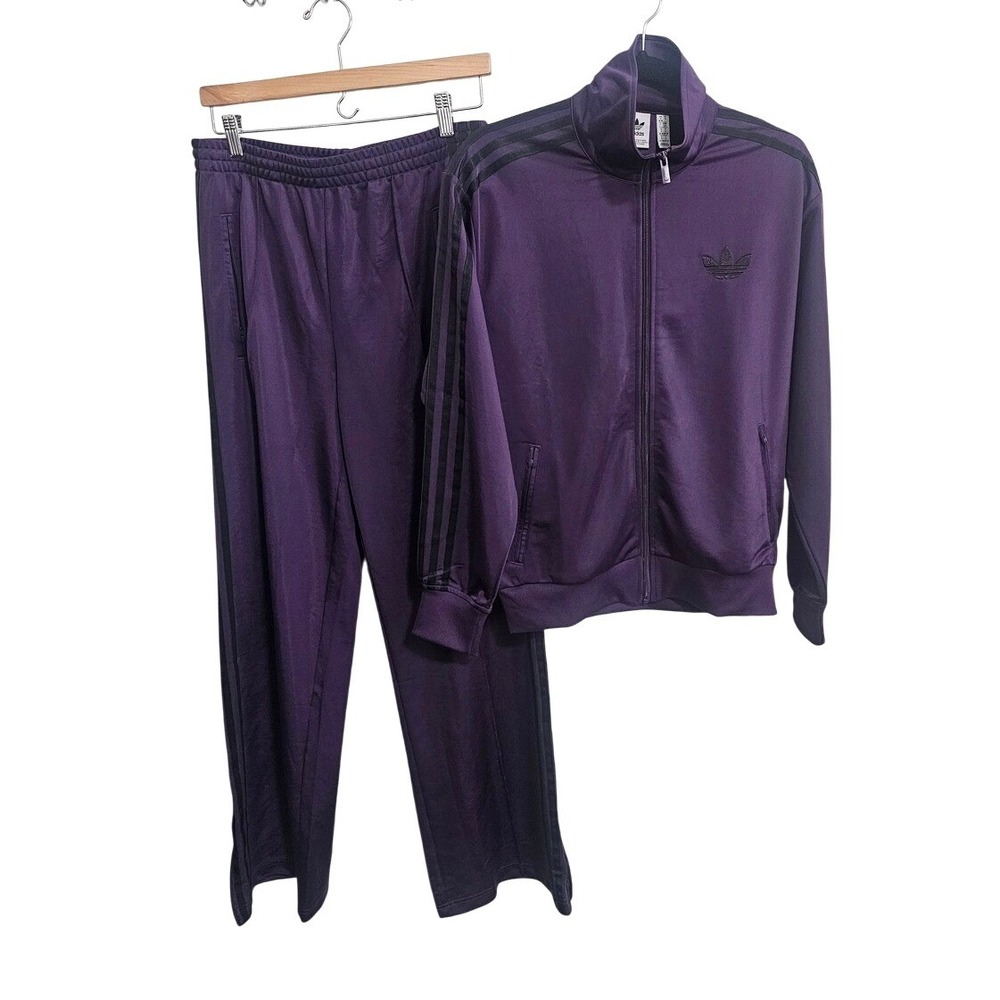 Adidas Tracksuit Set Women M Purple Black 3-Stripe Zip Jacket Wide Leg Pants ~